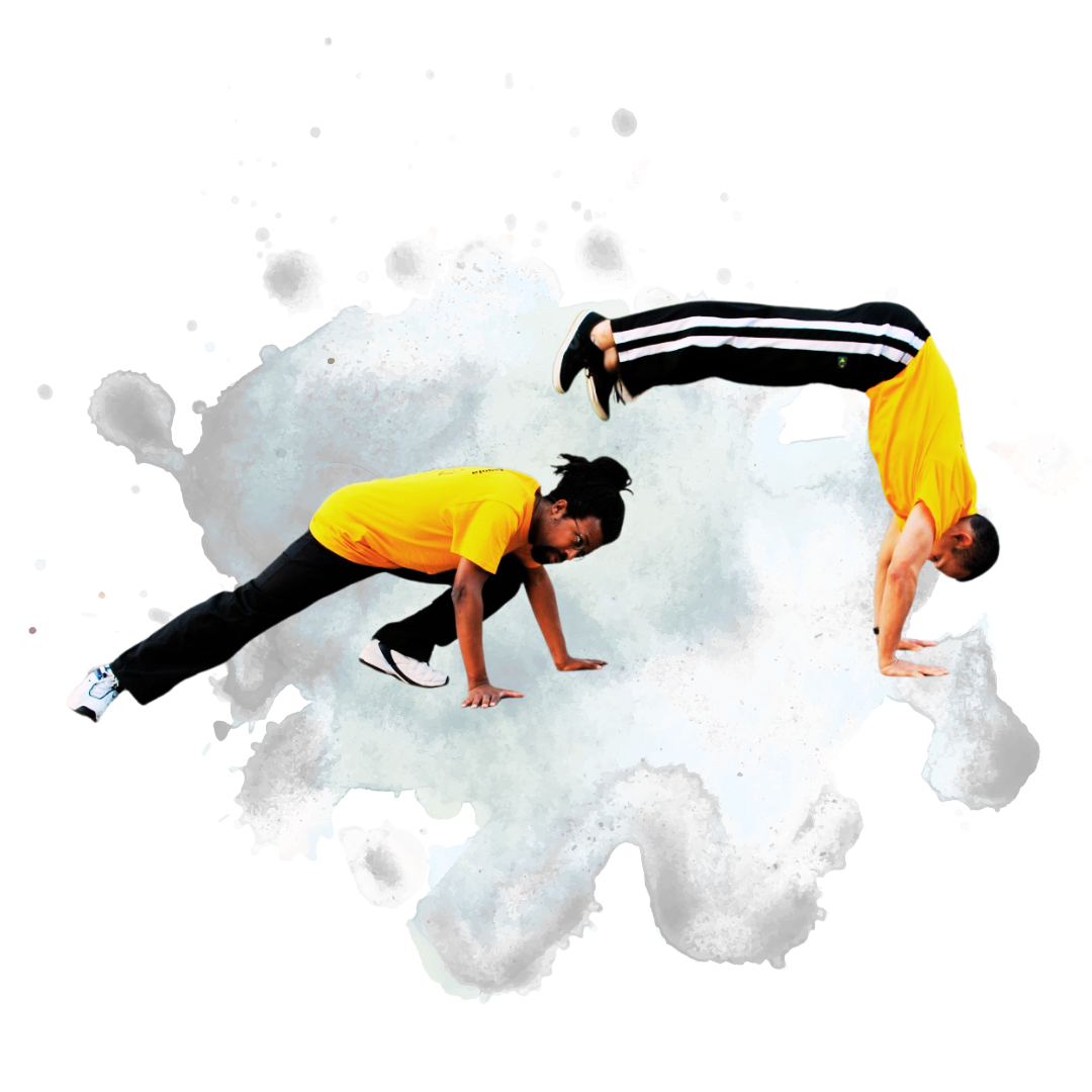 Two capoeiristas performing movements