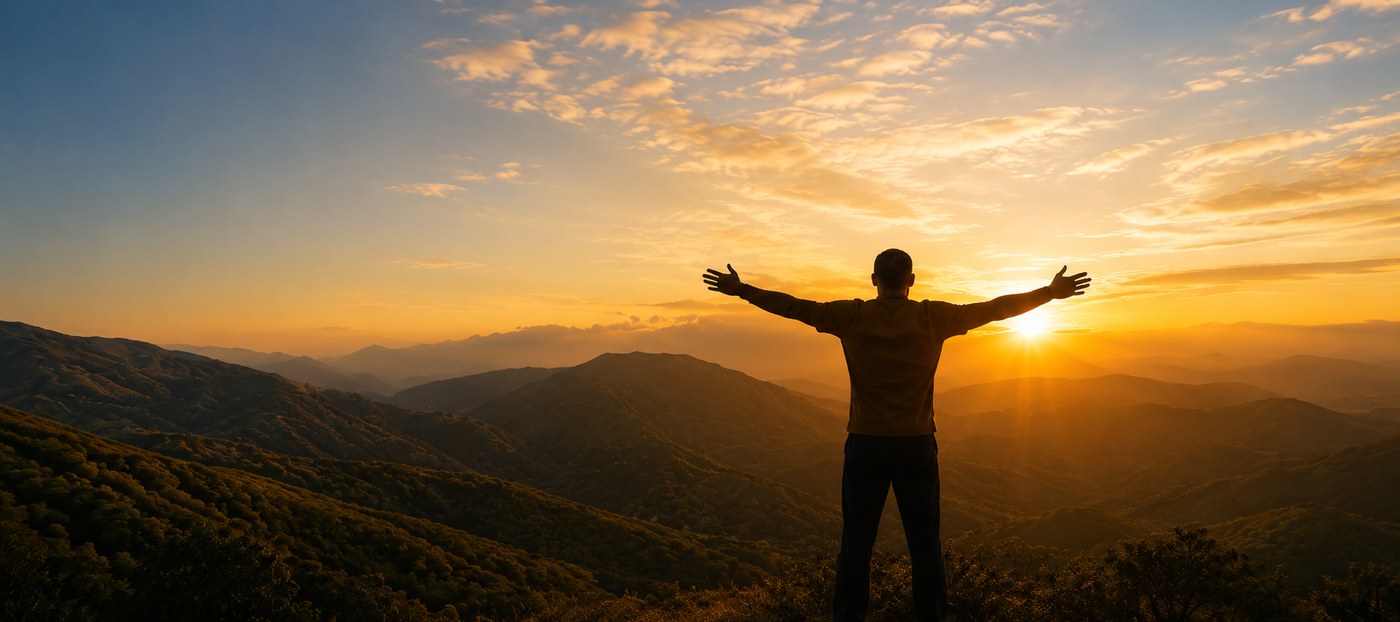 Silhouette with open arms facing the sunrise over mountains