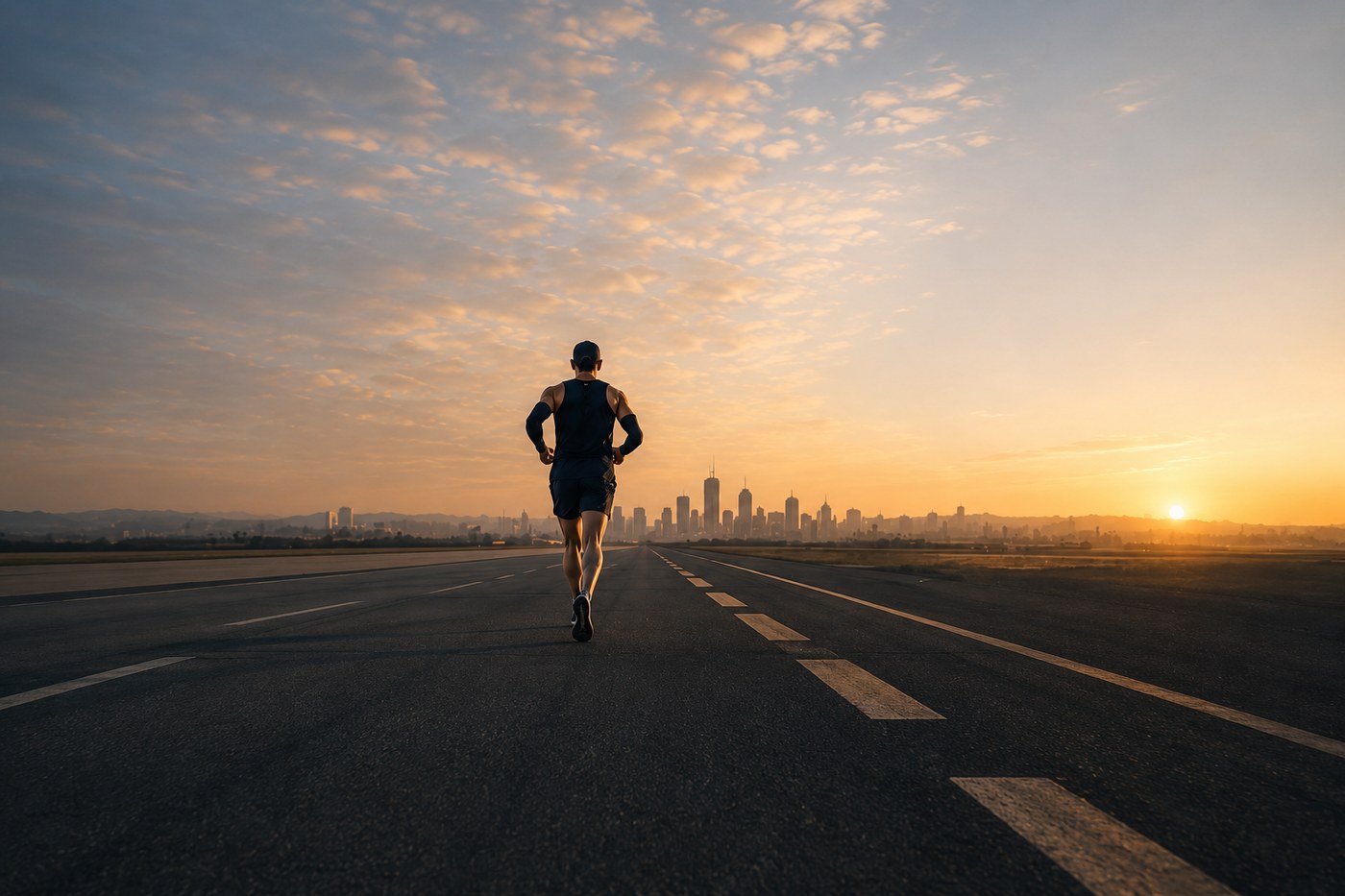 Runner on an open road at sunrise, city skyline in the distance