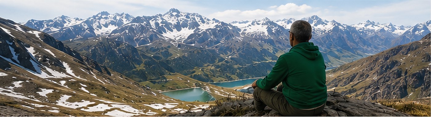 Mestre Márcio Mendes contemplating a snow-capped mountain range